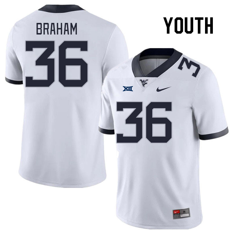 Youth #36 Noah Braham West Virginia Mountaineers College Football Jerseys Stitched Sale-White - Click Image to Close